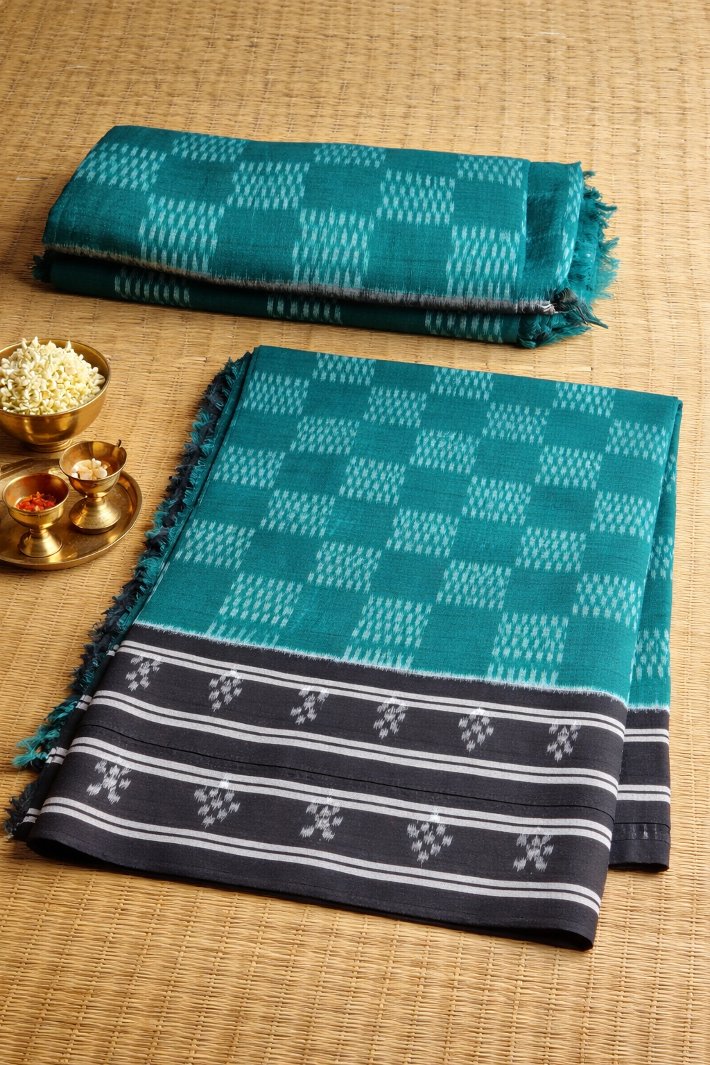 Authentic Green & Black Sambalpuri Ikat Handloom Saree with Traditional Motifs